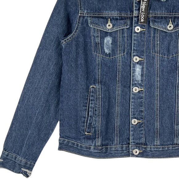New Look Women's Distressed Blue Denim Jacket Size M Button-Down Cotton NWT - Picture 5 of 10